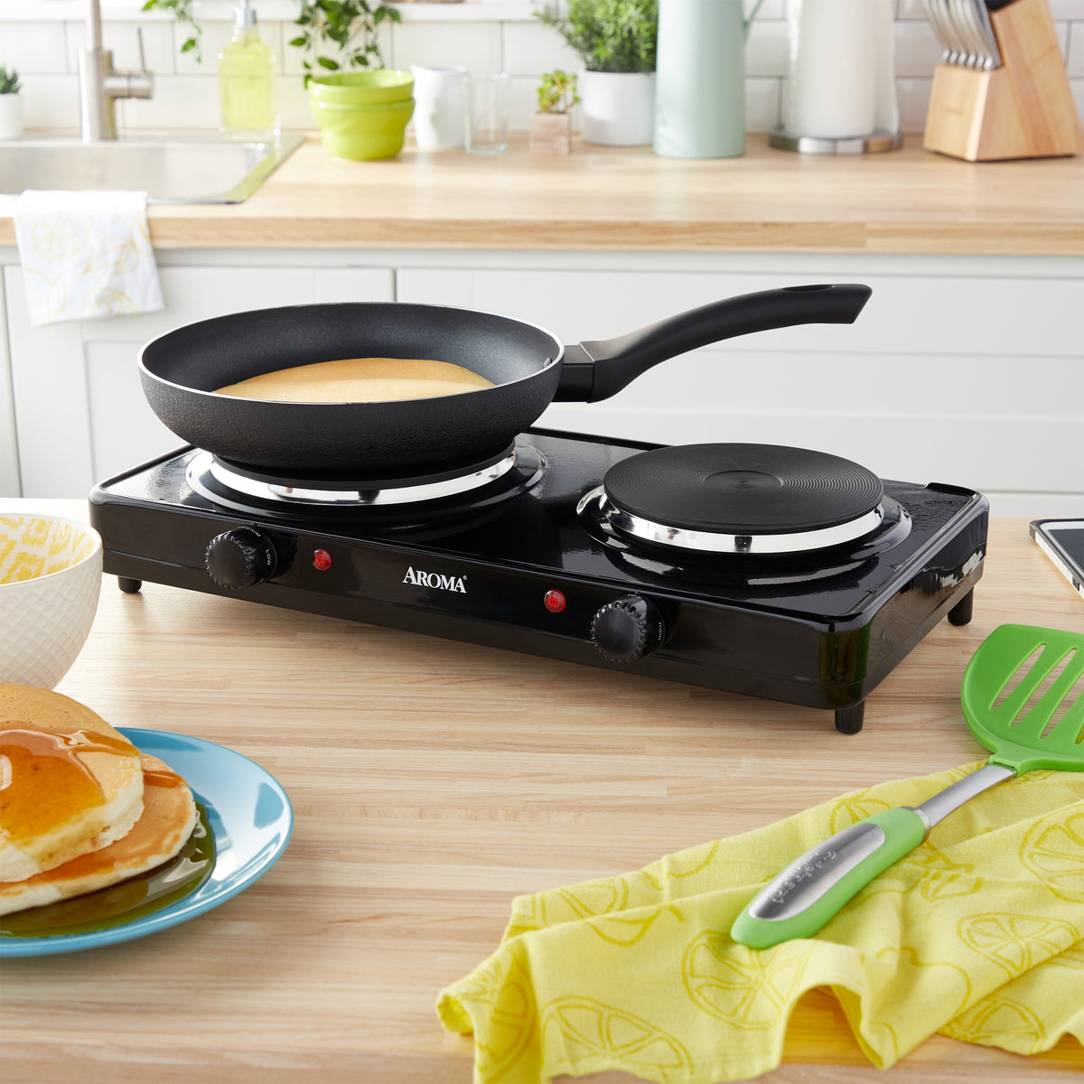Aroma Cast Iron Portable Double Burner Electric 1440W Hot Plate, Black(Open Box)