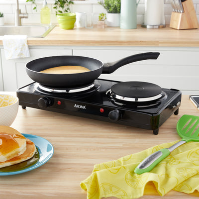 Aroma Cast Iron Portable Double Burner Electric 1440W Hot Plate, Black(Open Box)