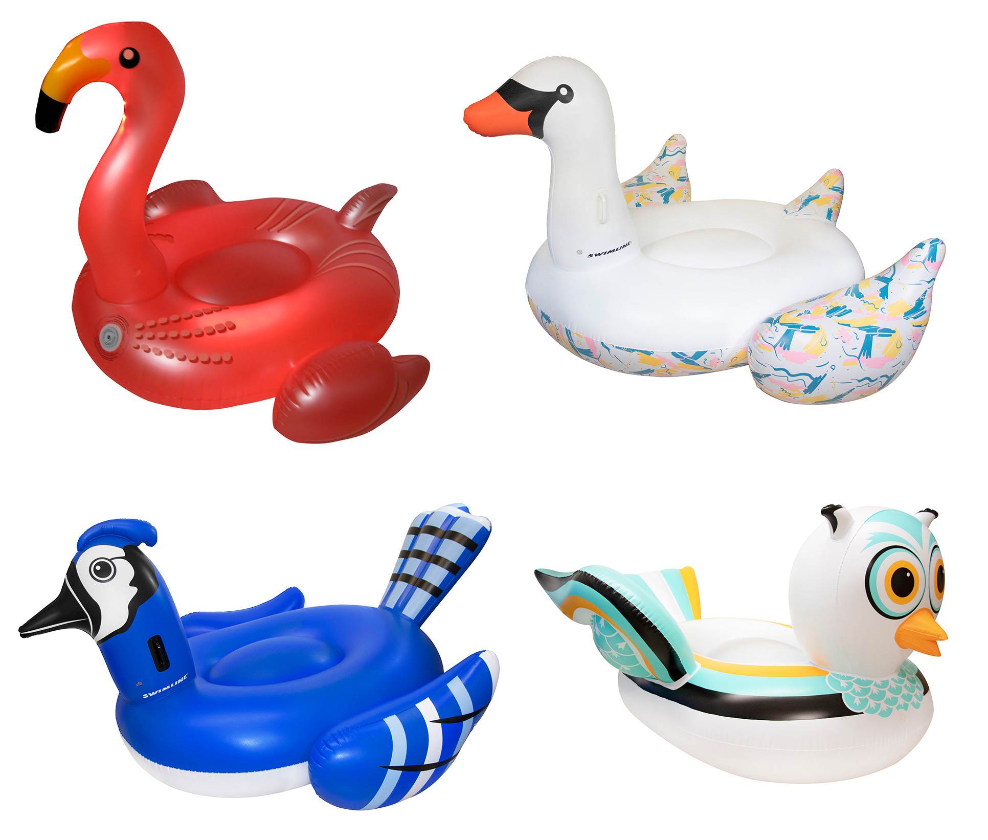 Swimline Giant Inflatable Flamingo, Swan, Jay, Owl Bird Pool Float Raft (4 pack)