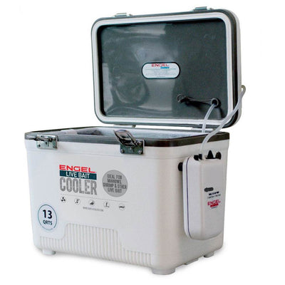 ENGEL 13 Quart Insulated Live Bait Fishing Dry Box Cooler with Water Pump, White