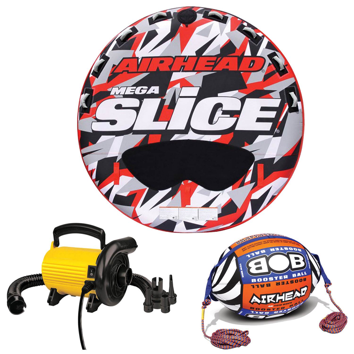 Airhead Mega Slice Inflatable 4 Rider Raft with Tow Rope Buoy Ball and Pump