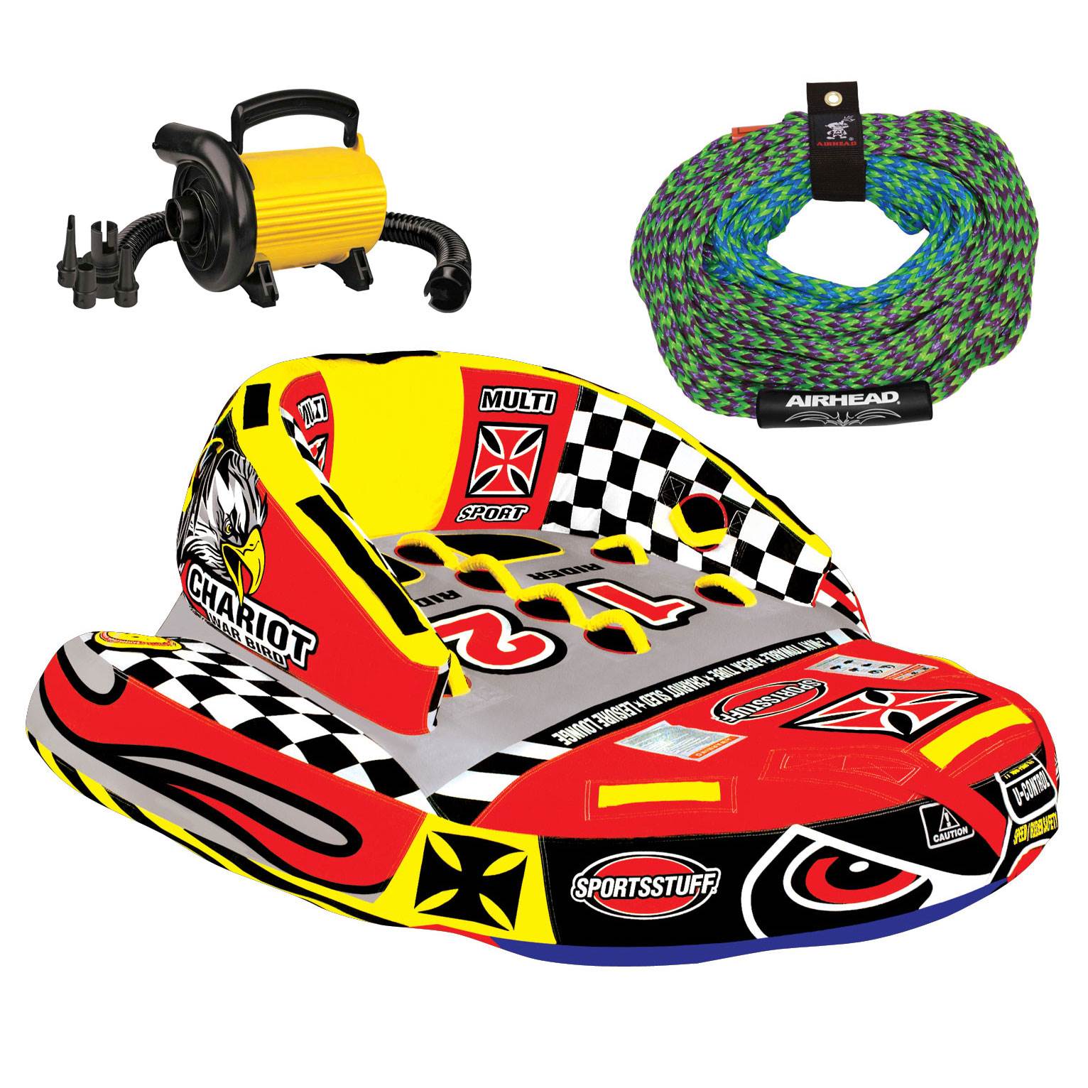 Sportsstuff Chariot Warbird 2 Rider Towable Water Tube w/ 60 Foot Rope & Pump