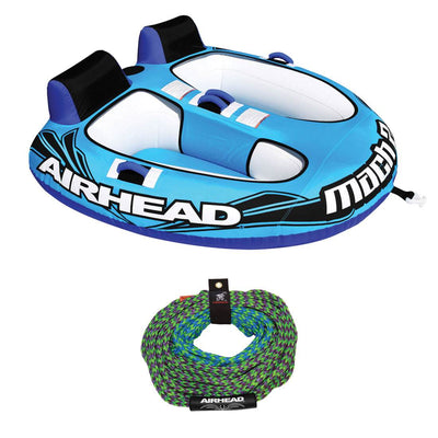 Airhead AHM2-2 Mach 2 Inflatable 2 Rider Water Towable Tube with 50-60' Tow Rope