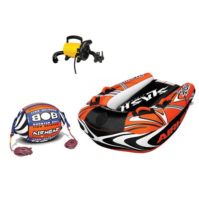 Airhead Inflatable Boat Towable Tube w/ Bob Tow Rope and 110V Electric Pump
