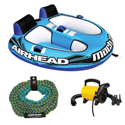 Airhead Mach 2 Inflatable 2 Rider Water Towable Tube w/ 50-60' Tow Rope & Pump