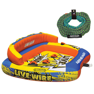 Airhead Inflatable 1-3 Rider Tube w/ 50-60 Foot Tow Rope for 4 Rider Towables