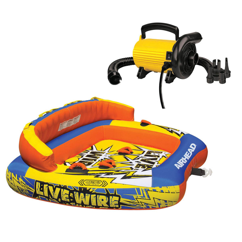 AIRHEAD Live Wire 3 Inflatable 3 Rider Tube & SportsStuff 2.5 PSI Electric Pump