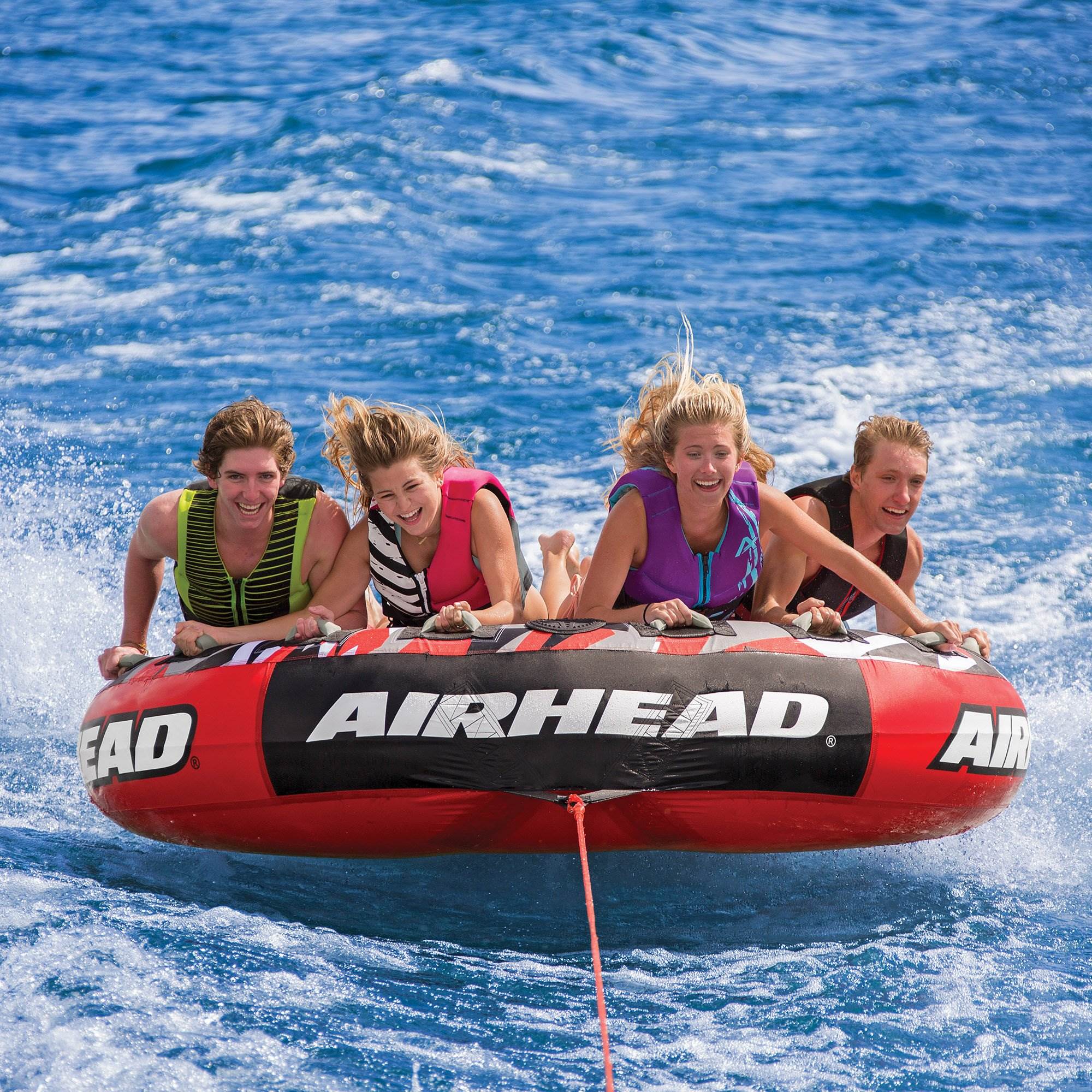 Airhead Mega Slice Inflatable 4 Rider Raft w/ 2 Section Tow Rope & Electric Pump
