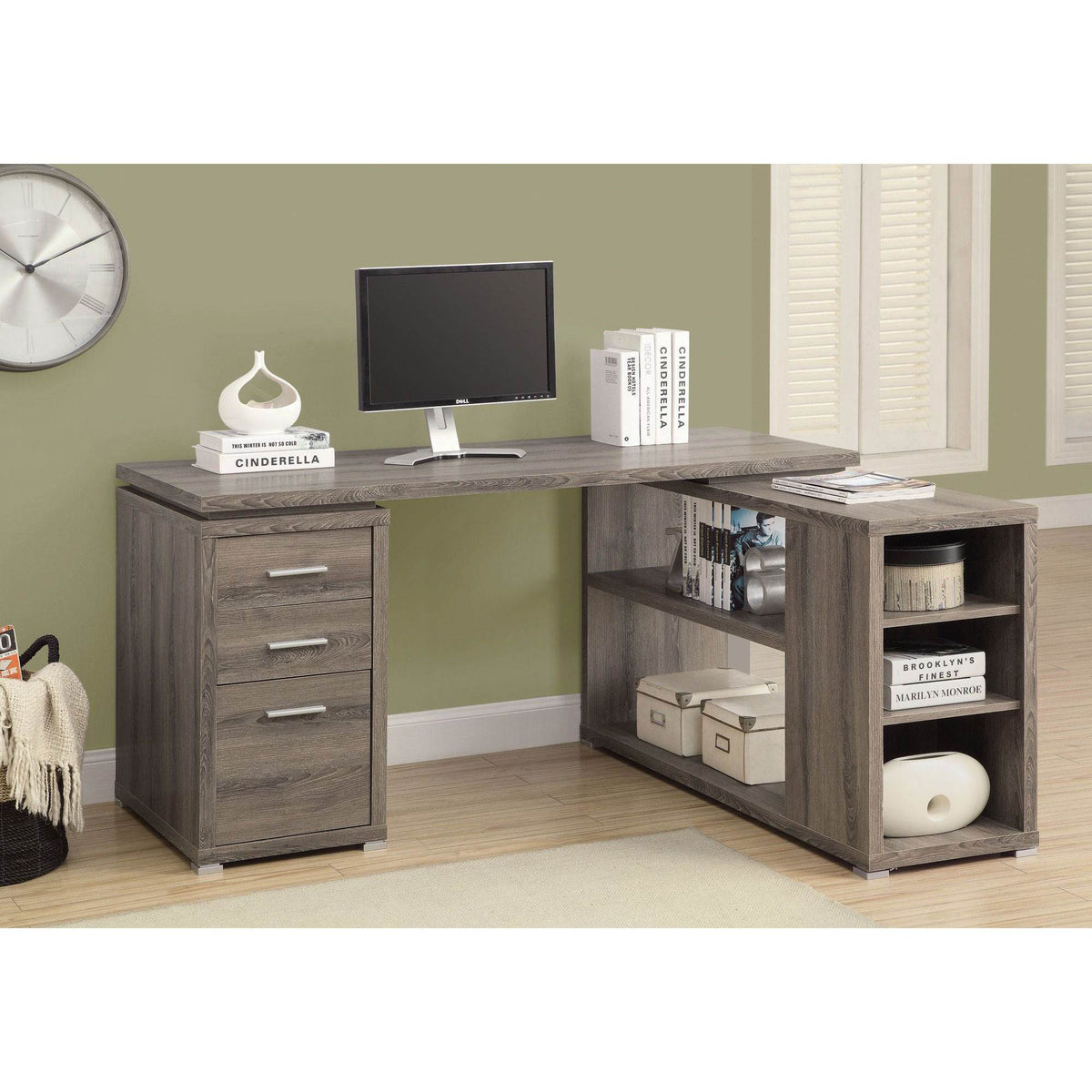 Monarch 60" Contemporary L Shaped Corner Desk with Drawers, Dark Taupe (Damaged)