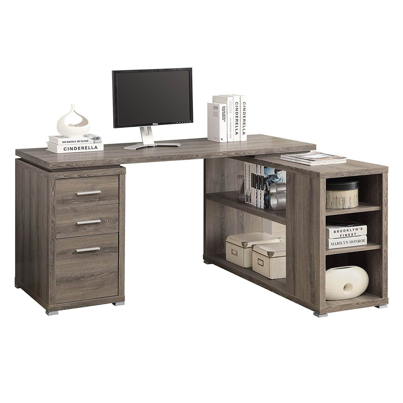 Monarch 60" Contemporary L Shaped Corner Desk with Drawers, Dark Taupe (Damaged)