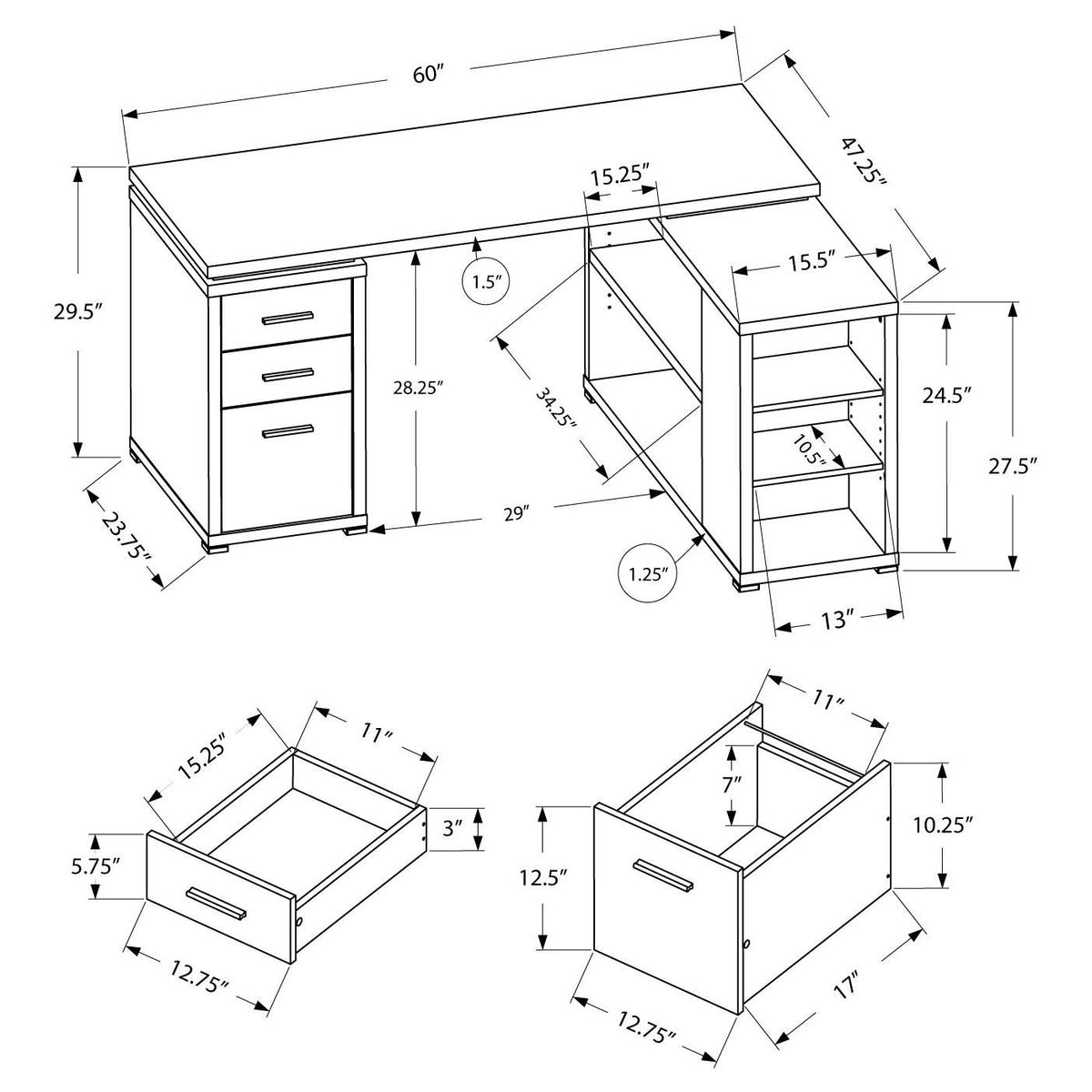 Monarch 60" Contemporary L Shaped Corner Desk with Drawers, Dark Taupe (Damaged)