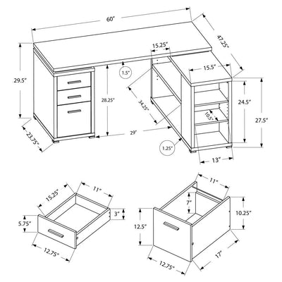 Monarch 60" Contemporary L Shaped Corner Desk with Drawers, Dark Taupe (Damaged)