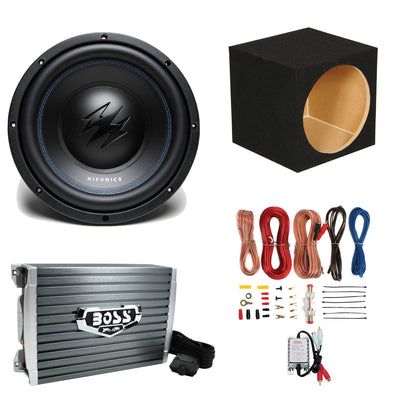 Hifonics 10" Subwoofer + Boss Audio Amp + Installation Kit + Single Enclosure