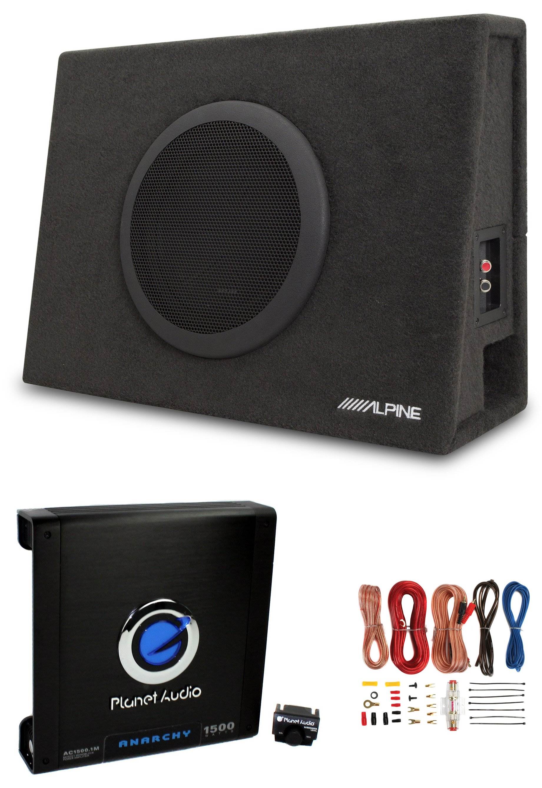 Alpine 10" Subwoofer Enclosure Box + Planet Audio Block Car Amplifier w/ Amp Kit