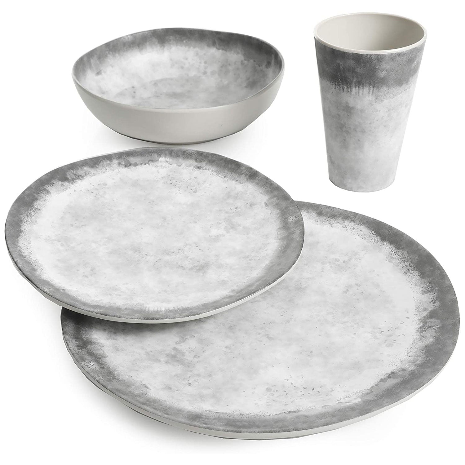 Gibson Home Granite 16 Piece Round Melamine Plate, Bowl, & Cup Dinnerware Set - VMInnovations