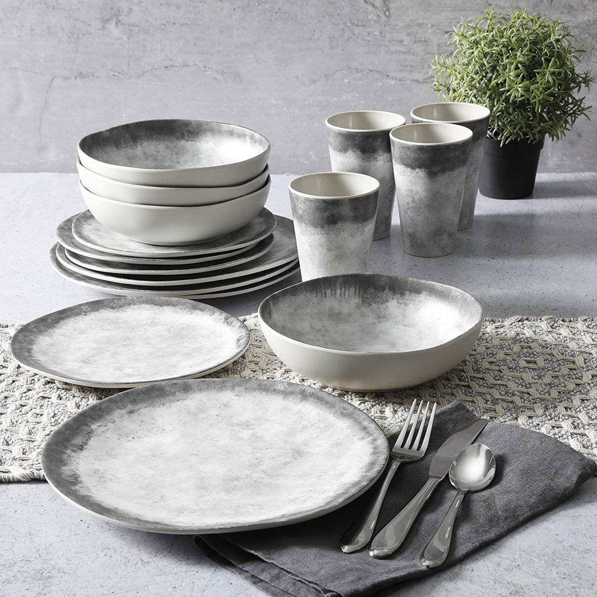 Gibson Home Granite 16 Pc Melamine Plate, Bowl, & Cup Dinnerware Set (Open Box) - VMInnovations