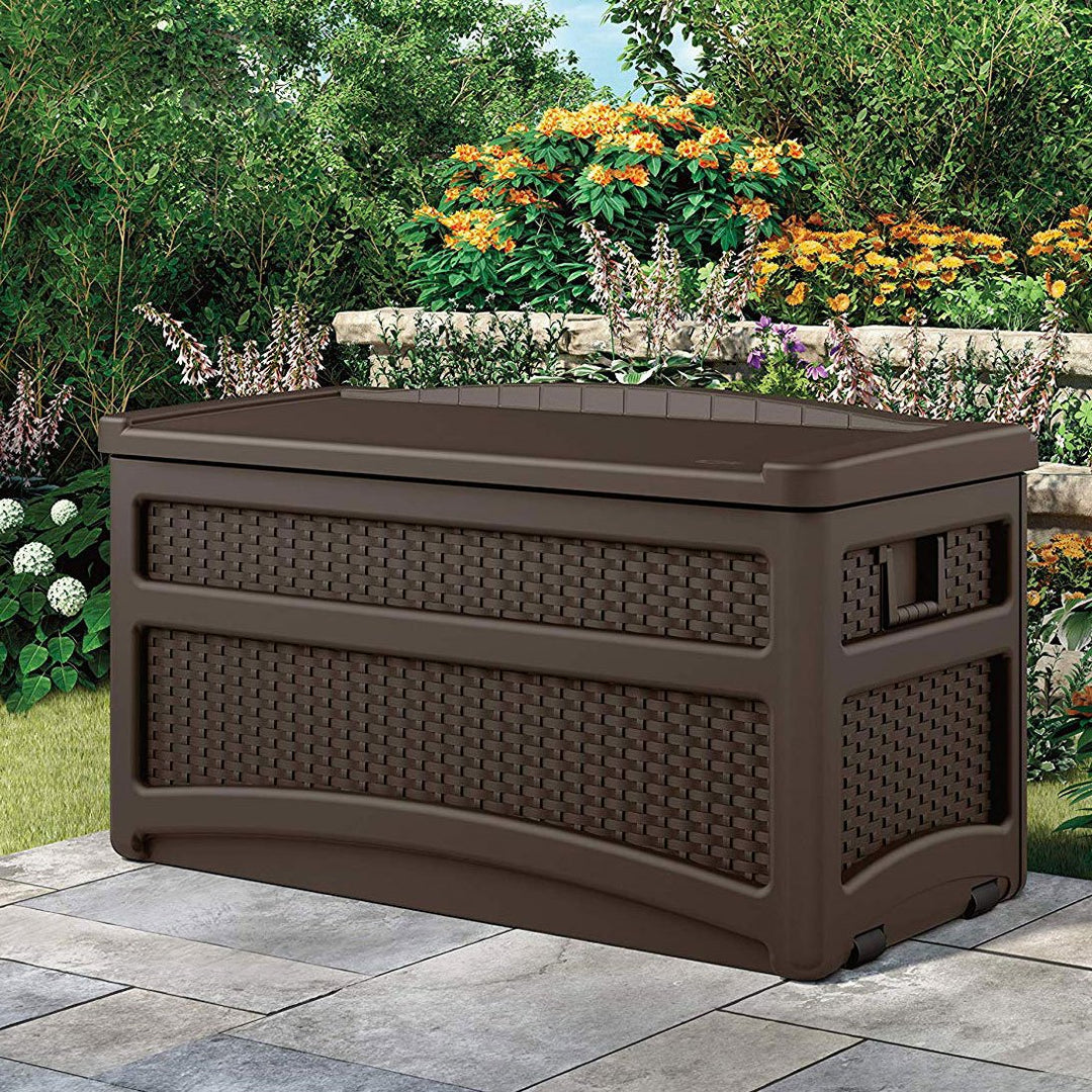 Suncast 73 Gallon Deck Box w/ Seat & Trash Hideaway Outdoor Garbage Bin, Java