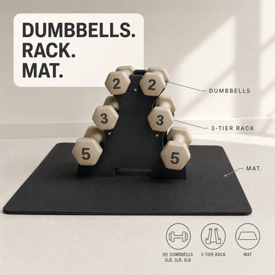 Aurorafy Neoprene Dumbbell Workout Set with Rack, 2 lbs, 3 lbs, & 5 lbs, Beige