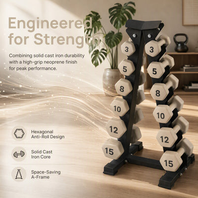 Aurorafy Neoprene Dumbbell Set w/ Rack, Pairs of 3, 5, 8, 10, 12, 15 lb Weights