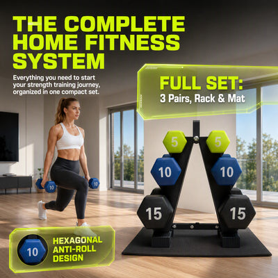 Aurorafy Neoprene Dumbbell Workout Set w/ Rack, 5lbs, 10lbs, & 15lbs, Multicolor