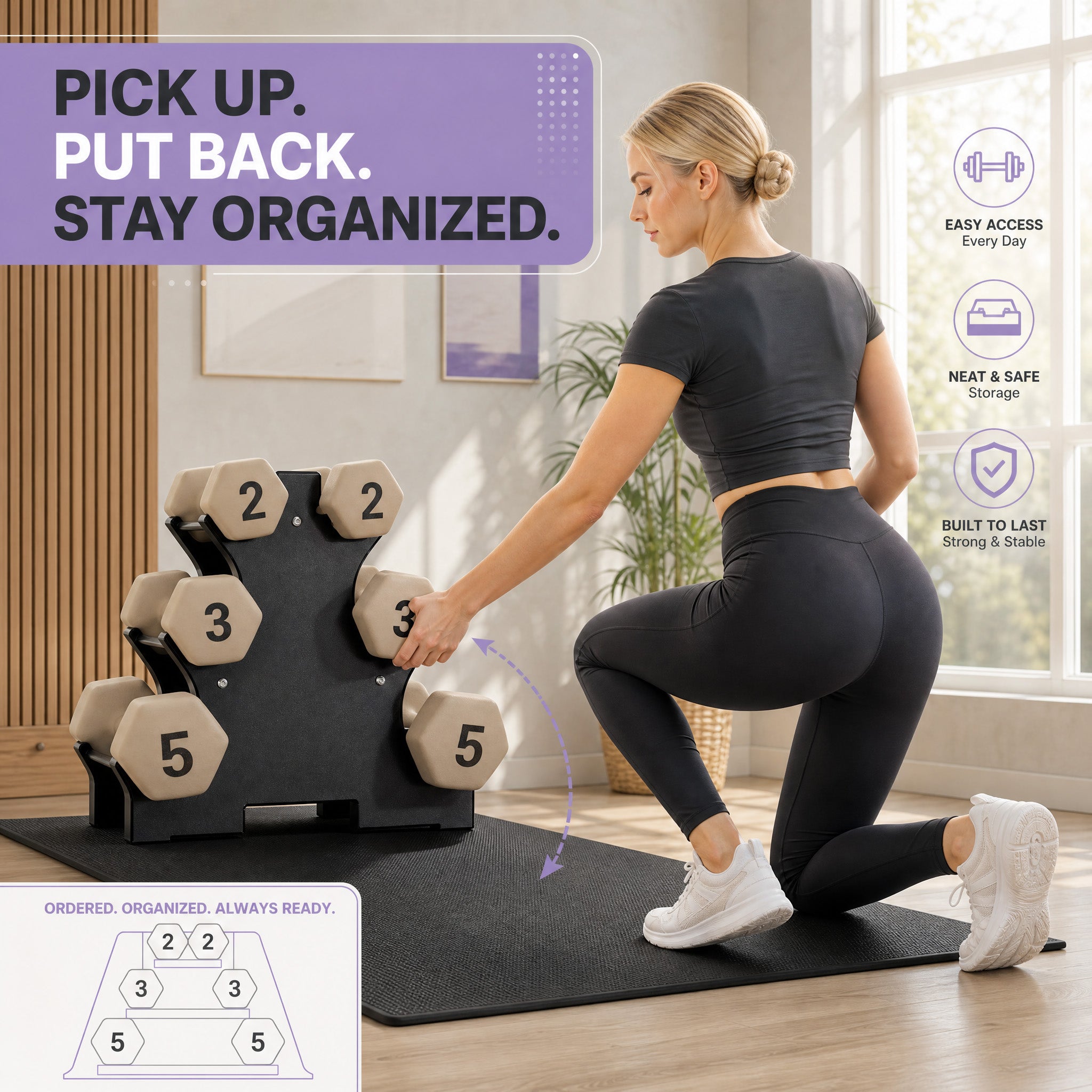 Aurorafy Neoprene Dumbbell Workout Set with Rack, 2 lbs, 3 lbs, & 5 lbs, Beige