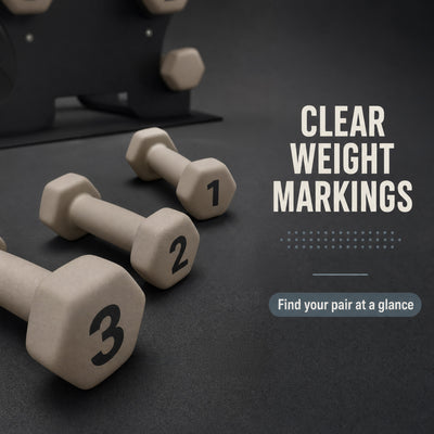 Aurorafy Neoprene Dumbbell Workout Set with Rack, 1 lbs, 2 lbs, & 3 lbs, Beige