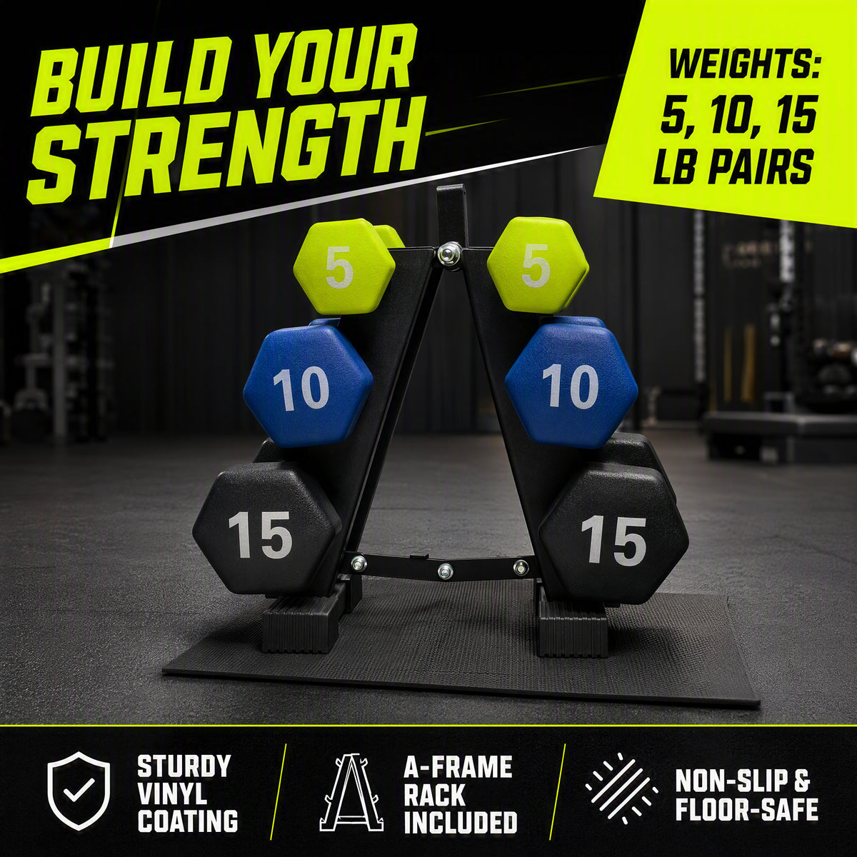 Aurorafy Neoprene Dumbbell Workout Set w/ Rack, 5lbs, 10lbs, & 15lbs, Multicolor