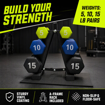 Aurorafy Neoprene Dumbbell Workout Set w/ Rack, 5lbs, 10lbs, & 15lbs, Multicolor