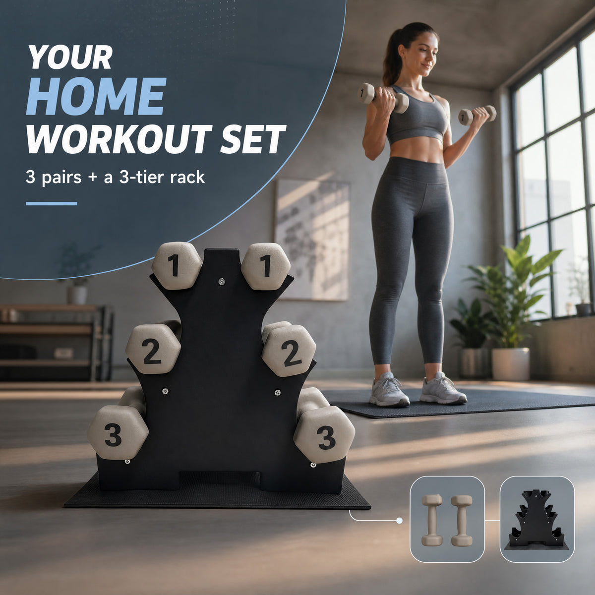 Aurorafy Neoprene Dumbbell Workout Set with Rack, 1 lbs, 2 lbs, & 3 lbs, Beige