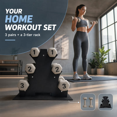 Aurorafy Neoprene Dumbbell Workout Set with Rack, 1 lbs, 2 lbs, & 3 lbs, Beige