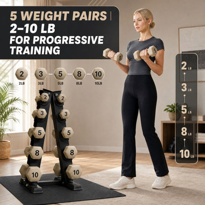 Aurorafy Neoprene Dumbbell Workout Set with Rack, 2, 3, 5, 8, & 10lbs, Beige