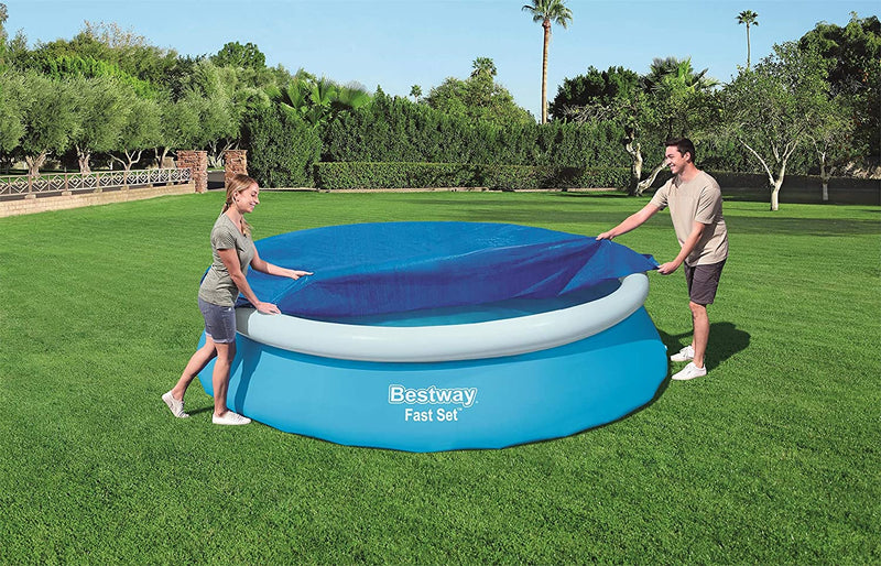 Bestway Flowclear Fast Set 12 Foot Round PVC Pool Cover with Ropes, Blue (Used)