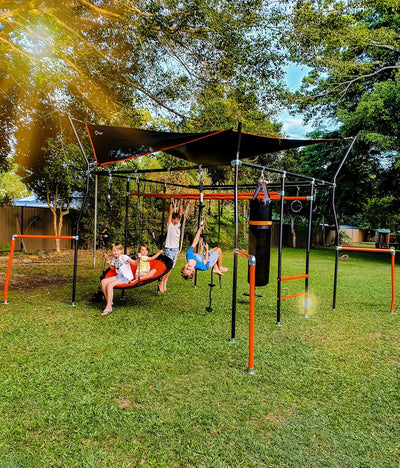 Monkey Bar Box A + Monkey Bar Box B + Monkey Bar Box C + Monkey Bar Box E + Monkey Bar Box F + Monkey Bar Box G + Cargo Net (XL/L) + Quest Shade Cover (Large) + Bungee Rope + Bounce Swing only (no bungee) + Gym Rope