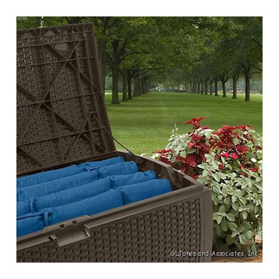 Suncast Outdoor Resin Wicker Coffee Table, Java & 73 Gal Resin Deck Box, Mocha