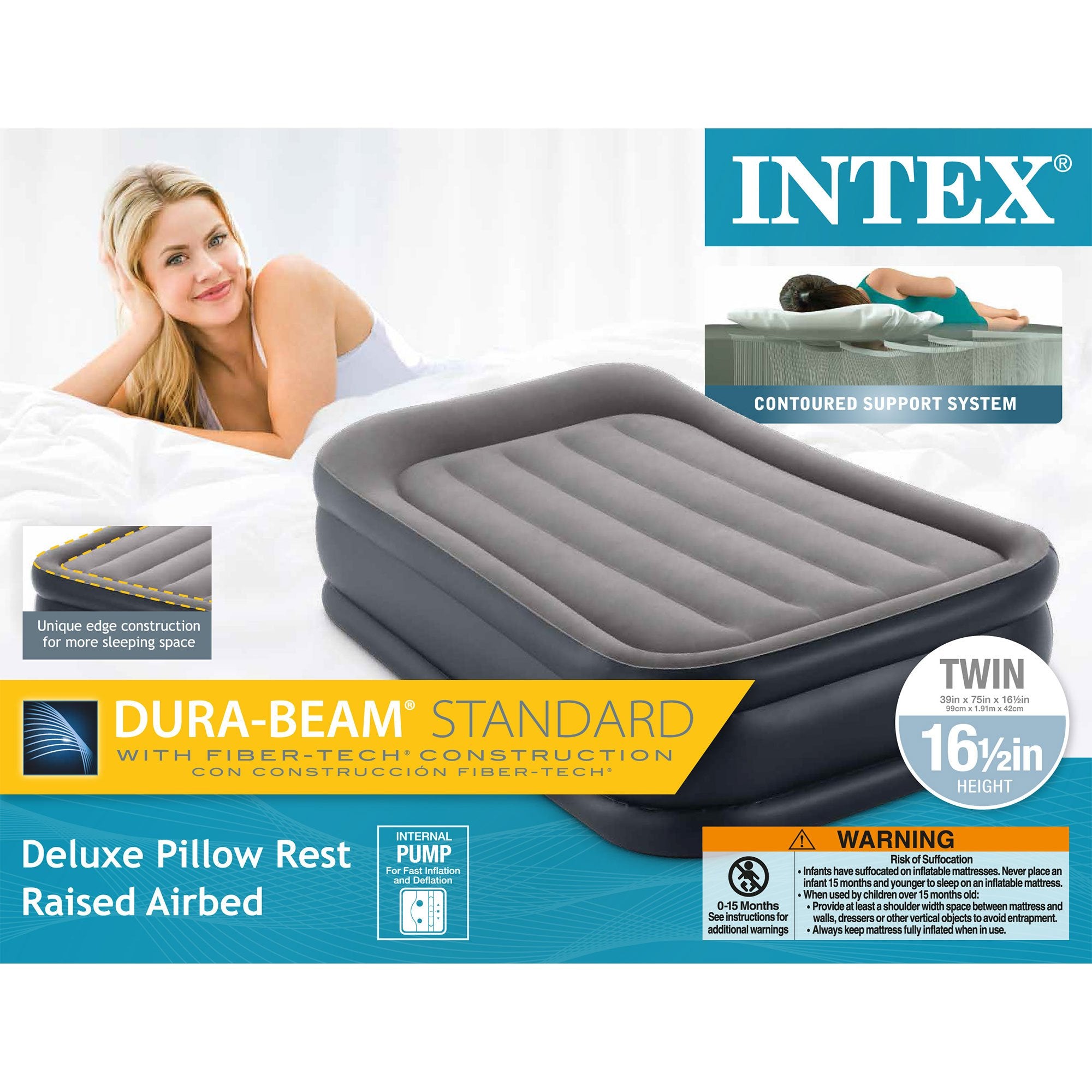 Intex Standard Deluxe Pillow Rest Raised Airbed w/ Built in Pump, Twin (2 Pack) - VMInnovations