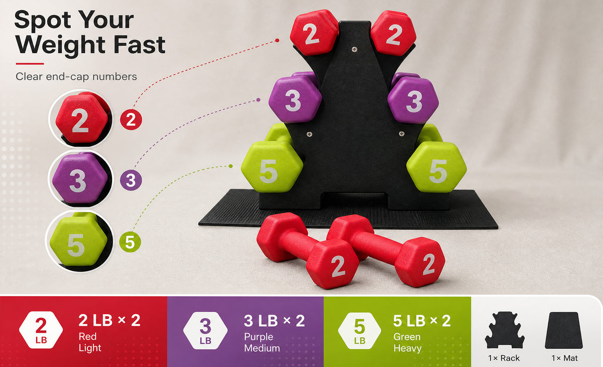 Aurorafy Neoprene Dumbbell Workout Set & Rack, 2 lbs, 3 lbs, & 5 lbs, Multicolor