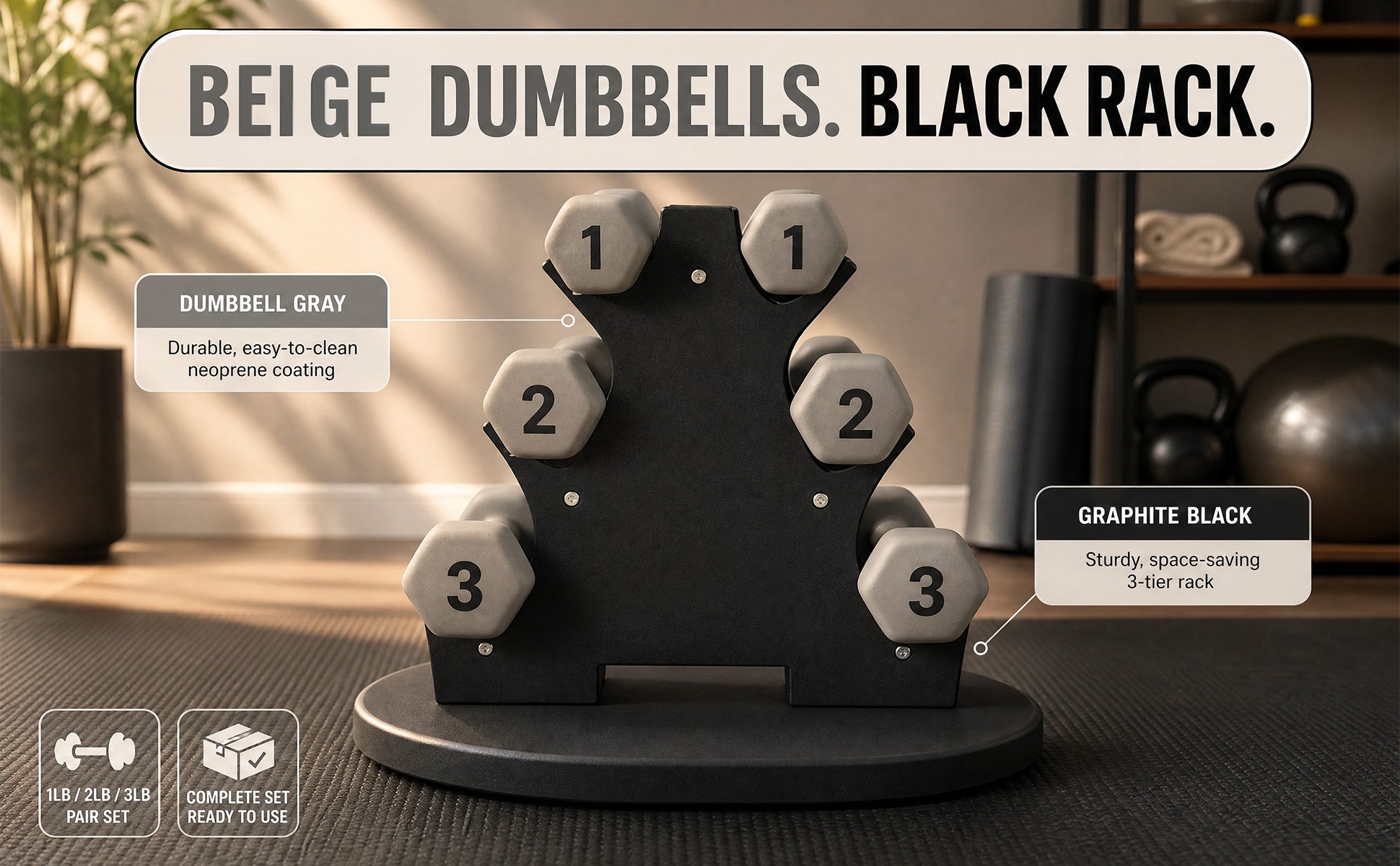 Aurorafy Neoprene Dumbbell Workout Set with Rack, 1 lbs, 2 lbs, & 3 lbs, Beige
