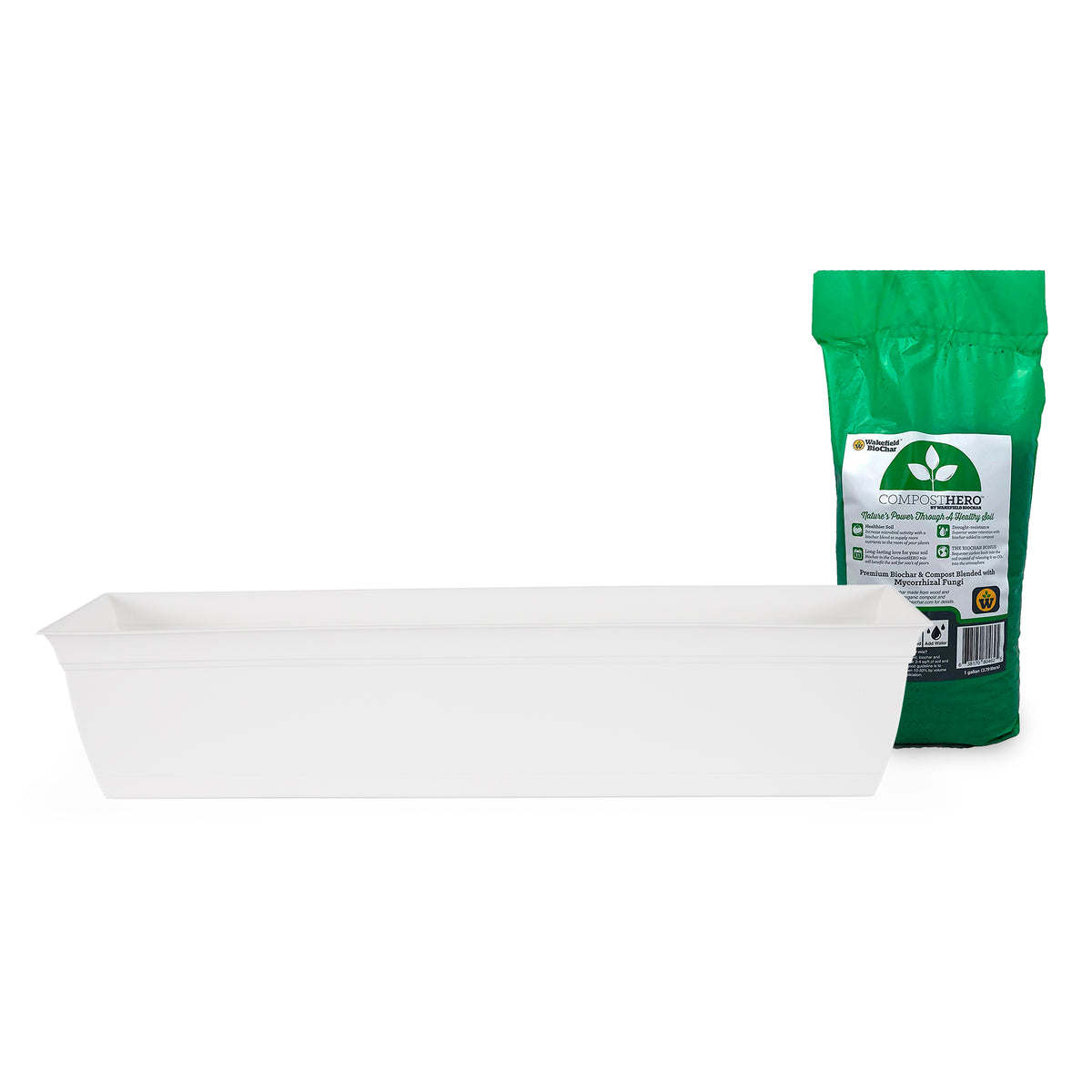 HC Companies Flower Planter Box w/ Saucer, White & Wakefield 1gal HERO Compost