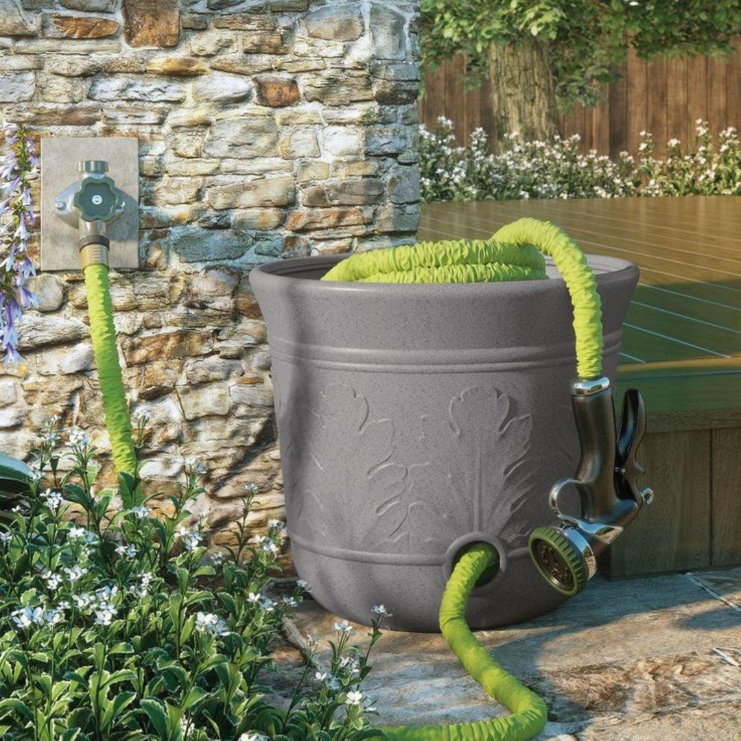 Suncast 300 Foot Heavy Duty 5 Gallon Decorative Expandable Garden Hose Pot, Gray