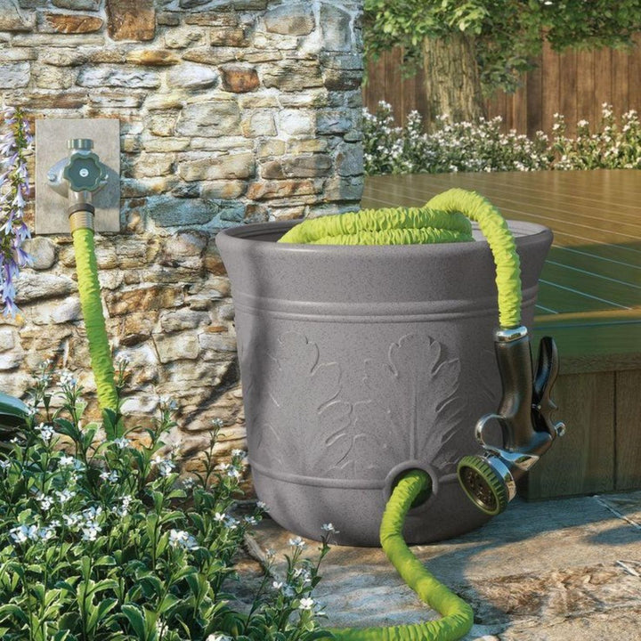 Suncast 300 Foot Heavy Duty 5 Gallon Decorative Expandable Garden Hose Pot, Gray