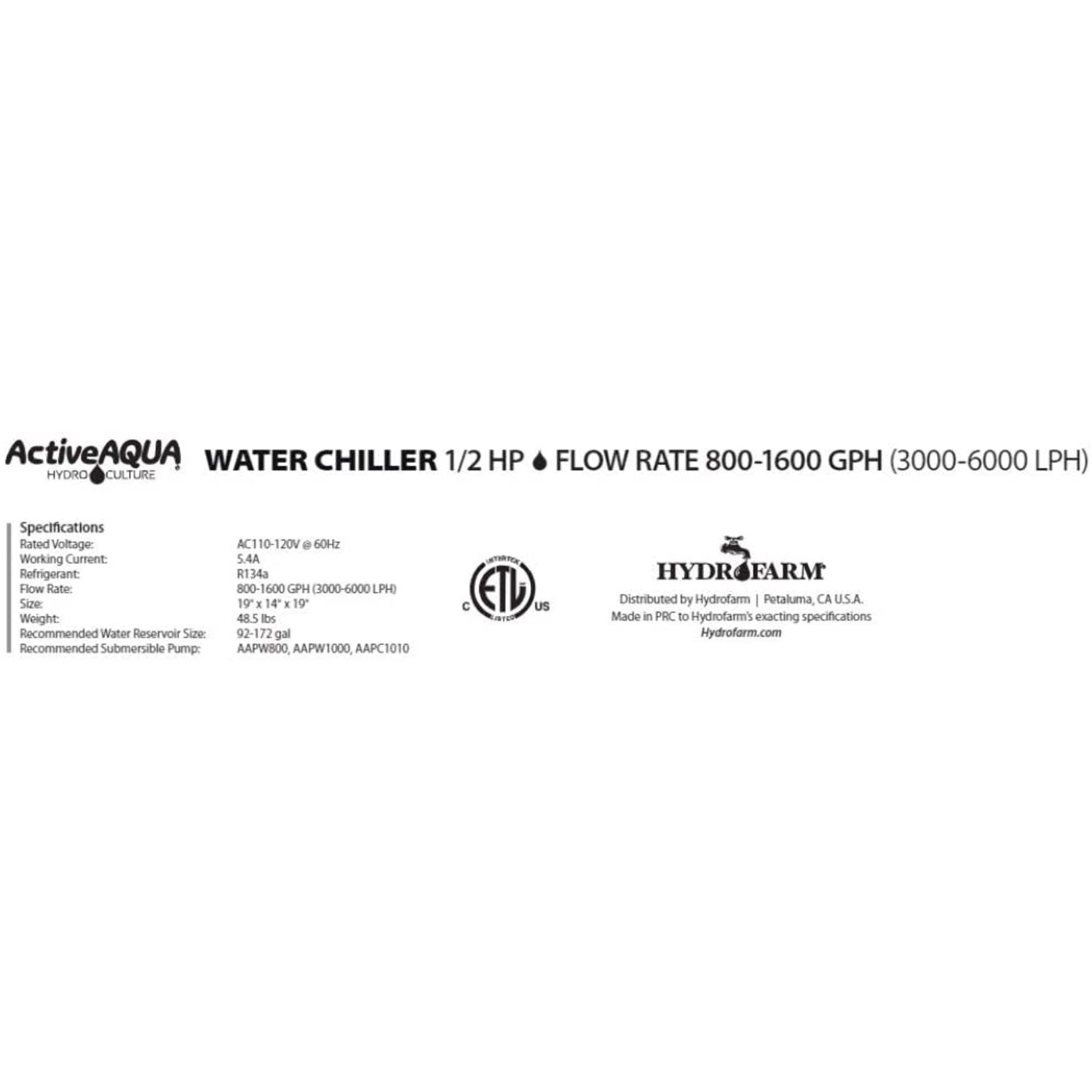 Active Aqua 0.5 HP 800-1600 GPH Cooling Water Chiller w/ Power Boost (For Parts) - VMInnovations