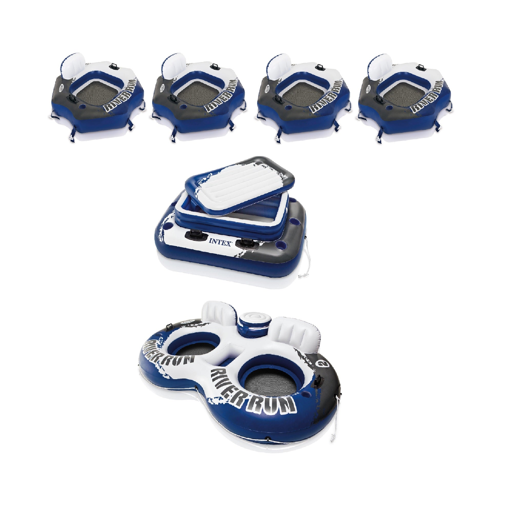Intex River Run 4 Inflatable Water Tubes, 72 Can Cooler Float & 2 Person Lounger