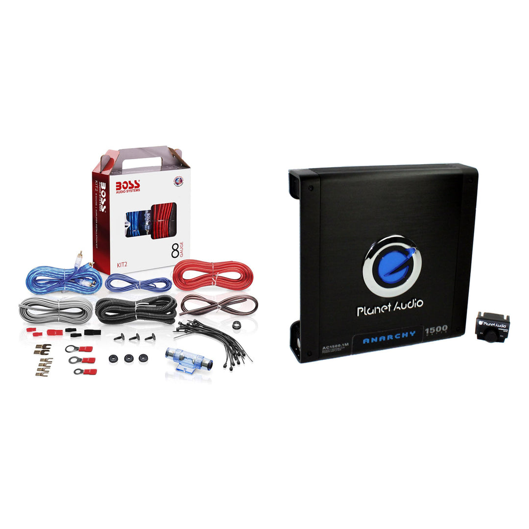 Planet Audio AC15001M Car Audio Amplifier with Remote & BOSS 8 Gauge Wiring Kit