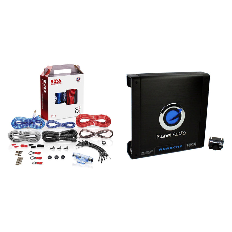 Planet Audio AC15001M Car Audio Amplifier with Remote & BOSS 8 Gauge Wiring Kit - VMInnovations