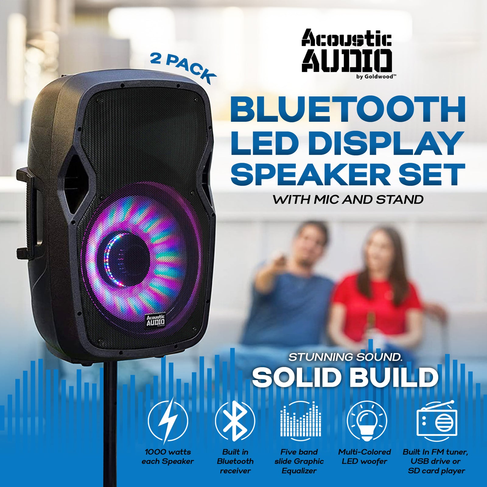 Acoustic Audio by Goldwood 15 Inch 1000W Bluetooth LED Speaker System (2 Pack) - VMInnovations