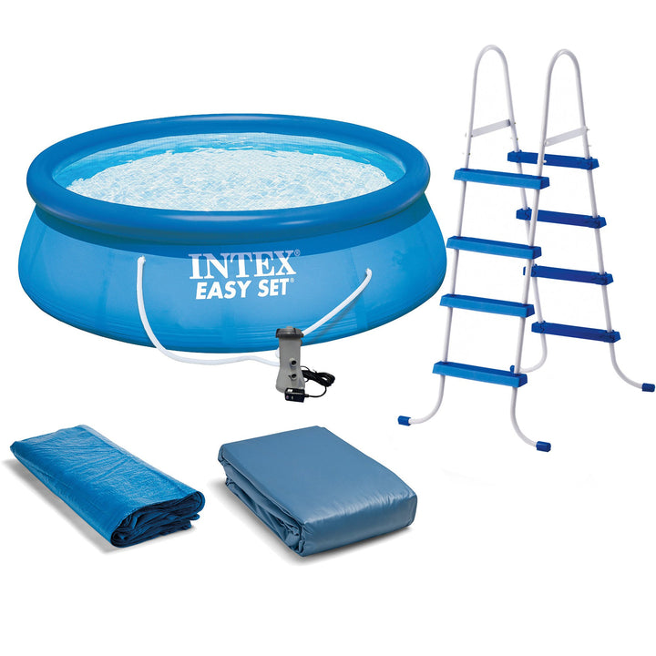 Intex Above Ground Swimming Pool, Ladder with Pump and 15’ Pool Debris Cover - VMInnovations