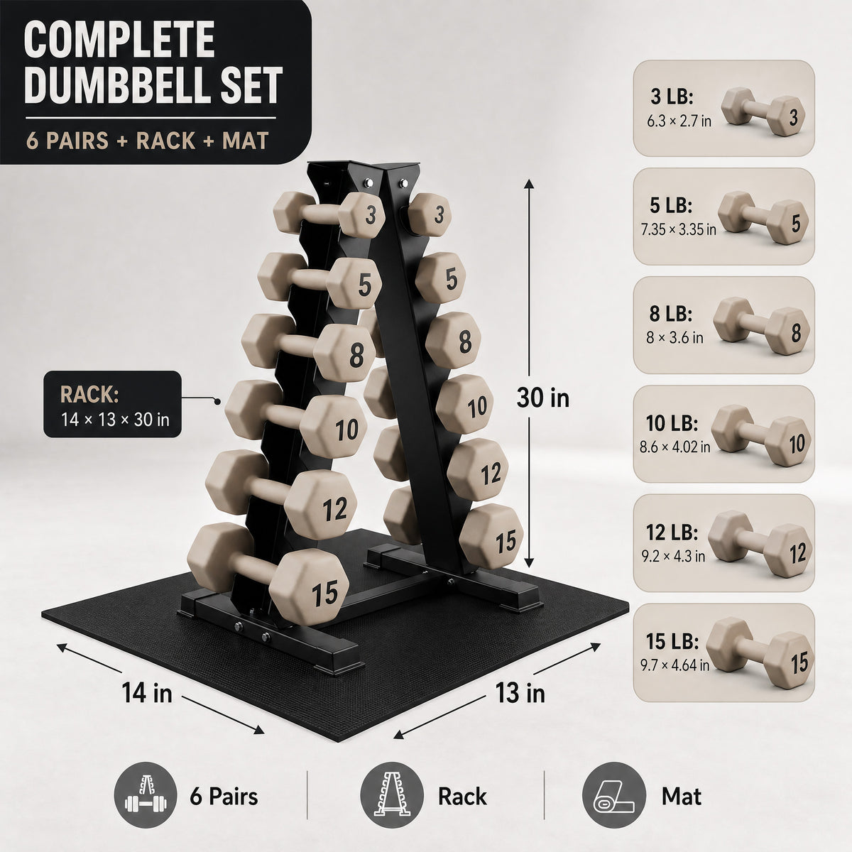 Aurorafy Neoprene Dumbbell Set w/ Rack, Pairs of 3, 5, 8, 10, 12, 15 lb Weights