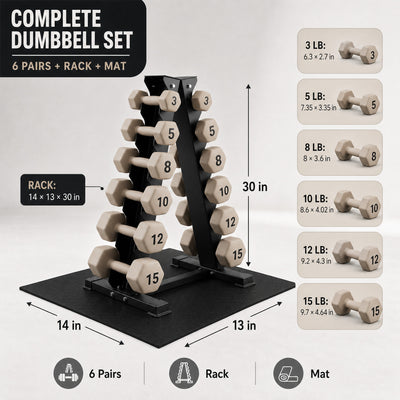 Aurorafy Neoprene Dumbbell Set w/ Rack, Pairs of 3, 5, 8, 10, 12, 15 lb Weights