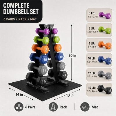 Aurorafy Neoprene Dumbbell Set w/ Rack, Pairs of 3, 5, 8, 10, 12, 15 lb Weights