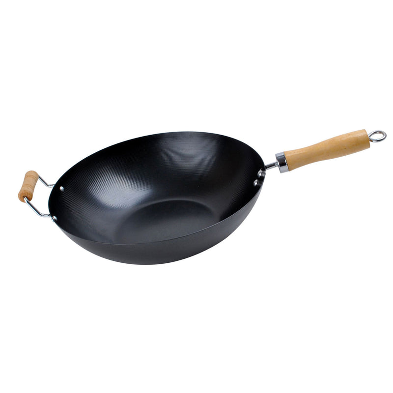 Alpine Cuisine 13.5 Inch Carbon Steel Cooking Wok with Wood Handle, Black (Used)